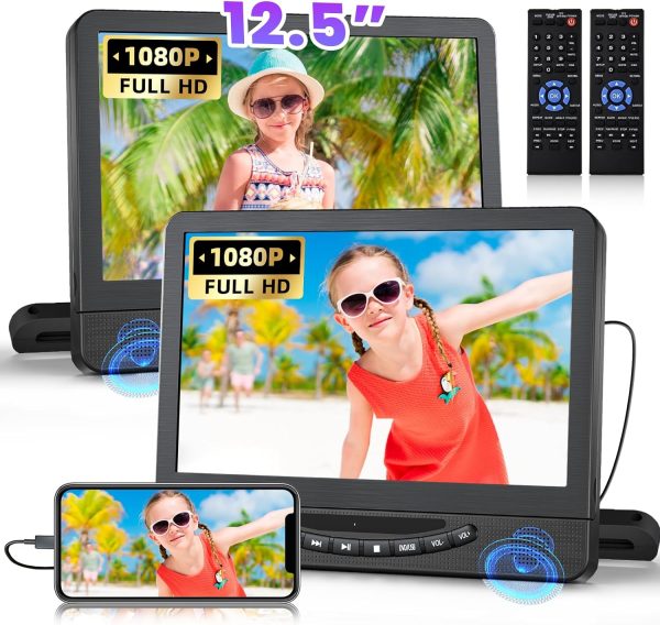 12.5" Dual Portable DVD Player for Car with 1080P HDMI Input, DESOBRY Car DVD Player Dual Screen Play A Same or Two Different Movies, 5 Hours Rechargeable Battery, Support USB, Last Memory