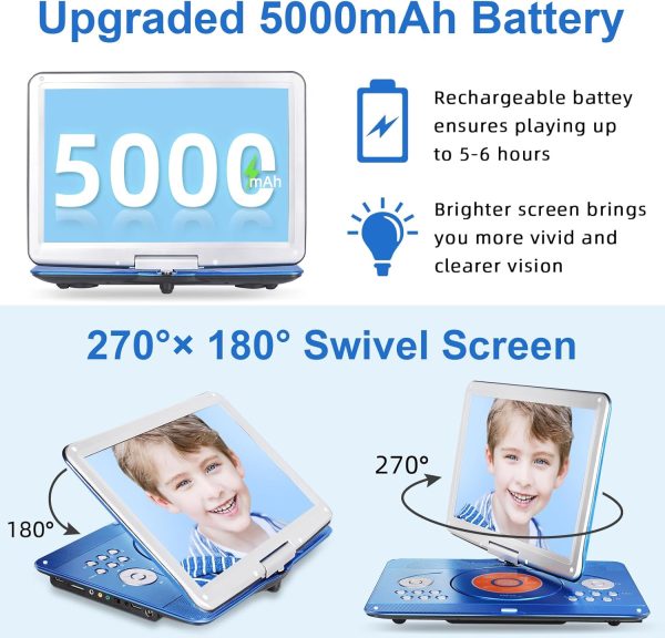 16.9" Portable Mobile DVD Player with 14.1" Large Swivel Screen with 6 Hrs Rechargeable Battery for Kids, Sync TV, Support USB SD Card with Car Charger (Blue) - Image 3