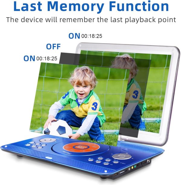16.9" Portable Mobile DVD Player with 14.1" Large Swivel Screen with 6 Hrs Rechargeable Battery for Kids, Sync TV, Support USB SD Card with Car Charger (Blue) - Image 4