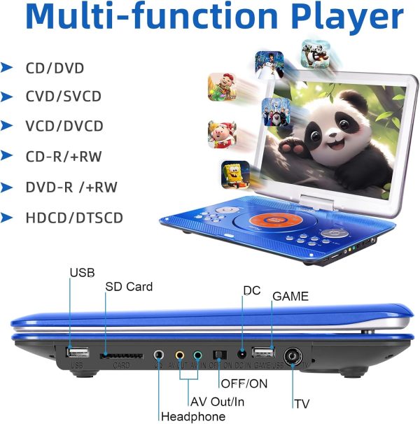 16.9" Portable Mobile DVD Player with 14.1" Large Swivel Screen with 6 Hrs Rechargeable Battery for Kids, Sync TV, Support USB SD Card with Car Charger (Blue) - Image 5