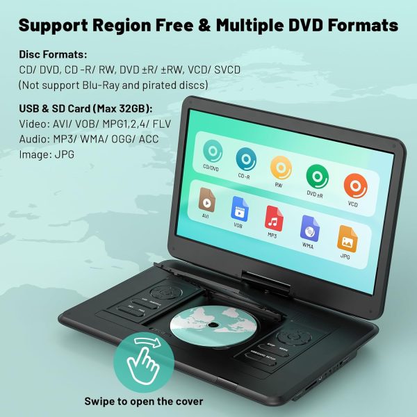 17.5” Portable DVD Player with 15.6” Large HD Screen, 6 Hours Rechargeable Battery, Dual Speakers, Region Free, Remote Control, Support Multiple Disc Formats Sync TV, USB/SD, Black - Image 4