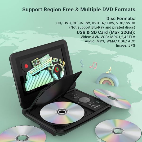 9.5" Portable DVD Player for Kids and Car with 7.5" Swivel Screen, 4-6 Hours Working Time, Car DVD Player with Dual Speakers, Remote Control, Support Sync TV, Region Free USB/SD/AV - Image 3
