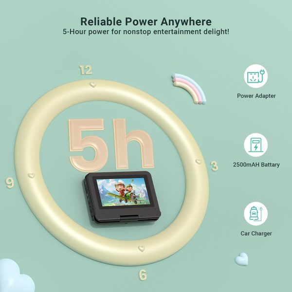 9.5" Portable DVD Player for Kids and Car with 7.5" Swivel Screen, 4-6 Hours Working Time, Car DVD Player with Dual Speakers, Remote Control, Support Sync TV, Region Free USB/SD/AV - Image 6