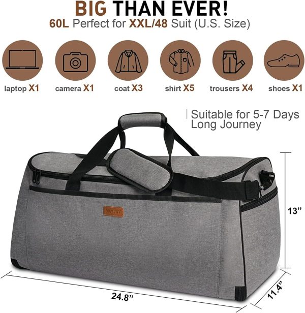 Garment Bags for Travel Suit Bags for Men 60L Waterproof Carry On Hanging Garment Duffle Bag for Men Women Convertible Garment Bag with Shoes Compartment 2-in-1 Suit Carrier While Travel Bag - Image 2