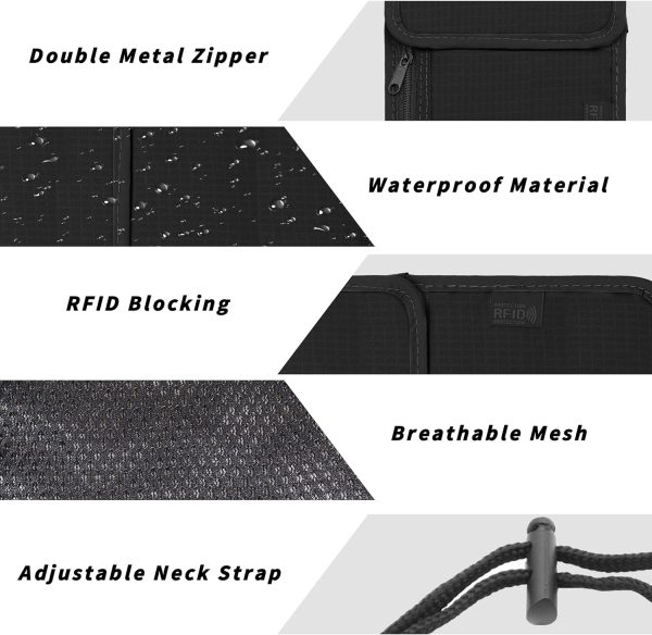 Travel Neck Wallet with RFID Blocking – Passport Holder Organizer Neck Pouch – Portable Easy to Conceal Travel Pouch (Black) - Image 2