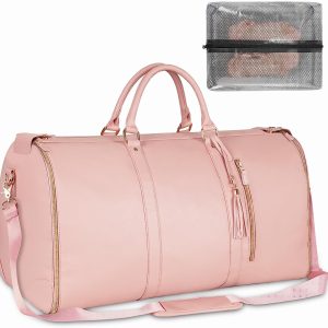 Carry On Garment Bag, Large PU Leather Duffle Bag for Women, Waterproof Garment Bags for Travel with Shoe Pouch, 2 in 1 Hanging Suitcase Suit Travel Bags, Gifts for Women, Pink