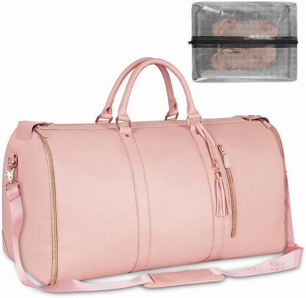 Carry On Garment Bag, Large PU Leather Duffle Bag for Women, Waterproof Garment Bags for Travel with Shoe Pouch, 2 in 1 Hanging Suitcase Suit Travel Bags, Gifts for Women, Pink