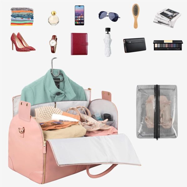 Carry On Garment Bag, Large PU Leather Duffle Bag for Women, Waterproof Garment Bags for Travel with Shoe Pouch, 2 in 1 Hanging Suitcase Suit Travel Bags, Gifts for Women, Pink - Image 2