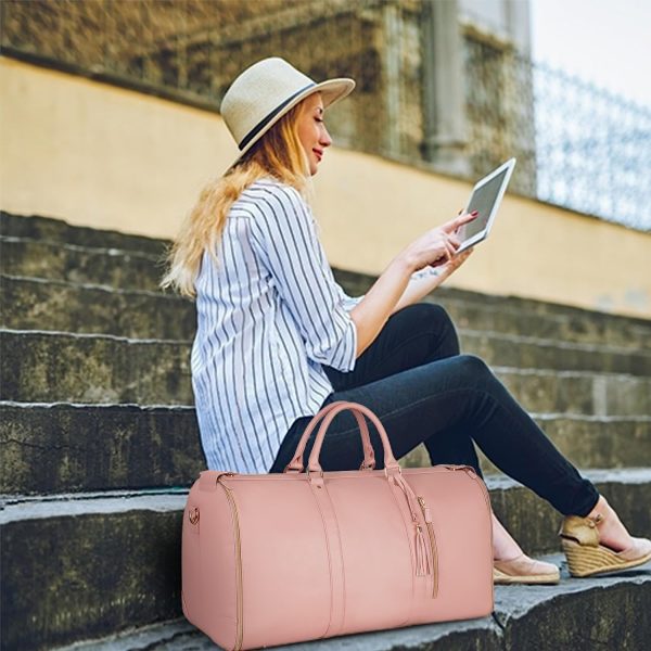 Carry On Garment Bag, Large PU Leather Duffle Bag for Women, Waterproof Garment Bags for Travel with Shoe Pouch, 2 in 1 Hanging Suitcase Suit Travel Bags, Gifts for Women, Pink - Image 9